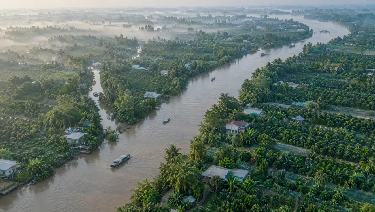 Fruit orchards along a river in the Mekong Delta