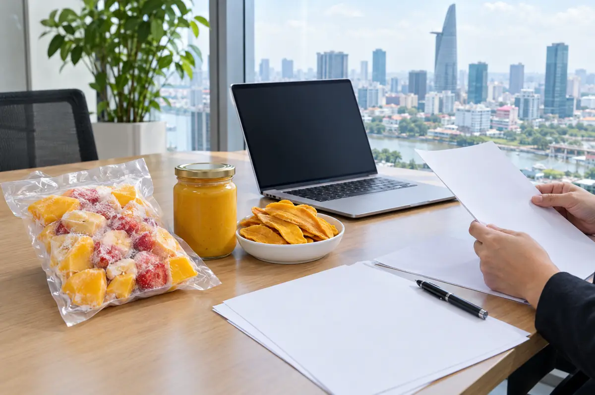 Fruit samples and specification sheets on a desk in Ho Chi Minh City