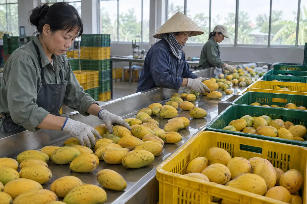 Mangoes being graded by hand in a packhouse