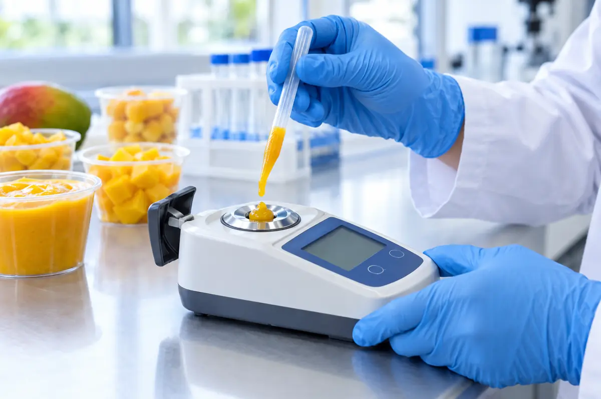 Fruit purée being measured for Brix in a quality lab