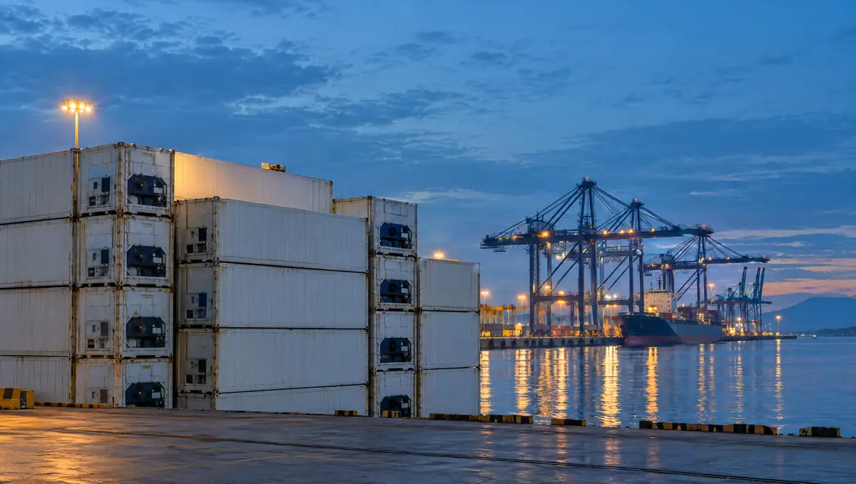 Reefer containers at a southern Vietnam port at dusk