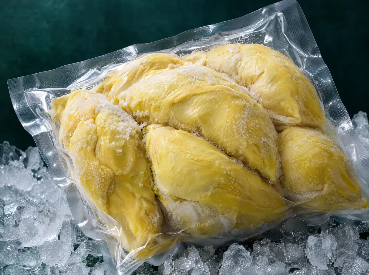 Seedless frozen durian pulp in a vacuum bag on ice