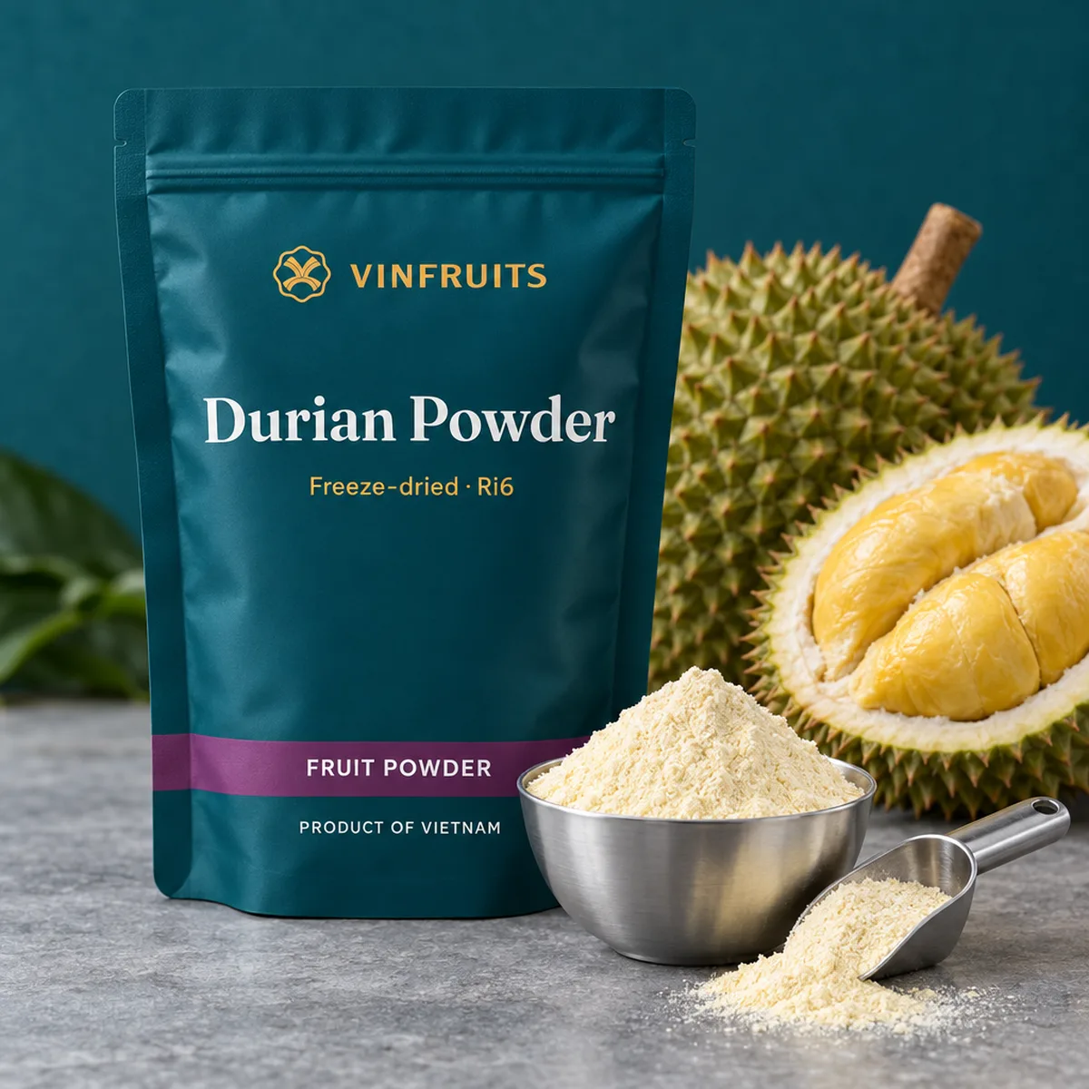 Freeze-Dried Durian Powder in a sealed VinFruits foil pouch
