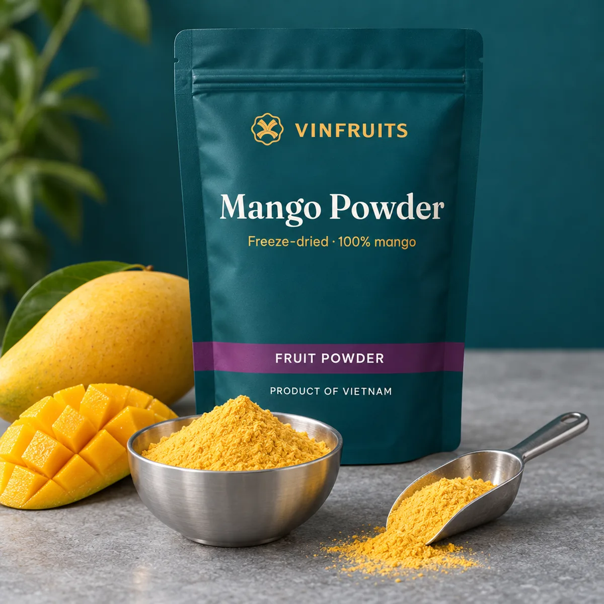 Freeze-Dried Mango Powder in a sealed VinFruits foil pouch