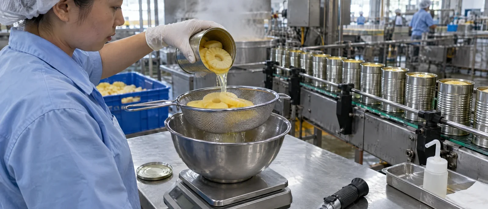 Drained-weight check of canned pineapple slices on a canning line QC bench