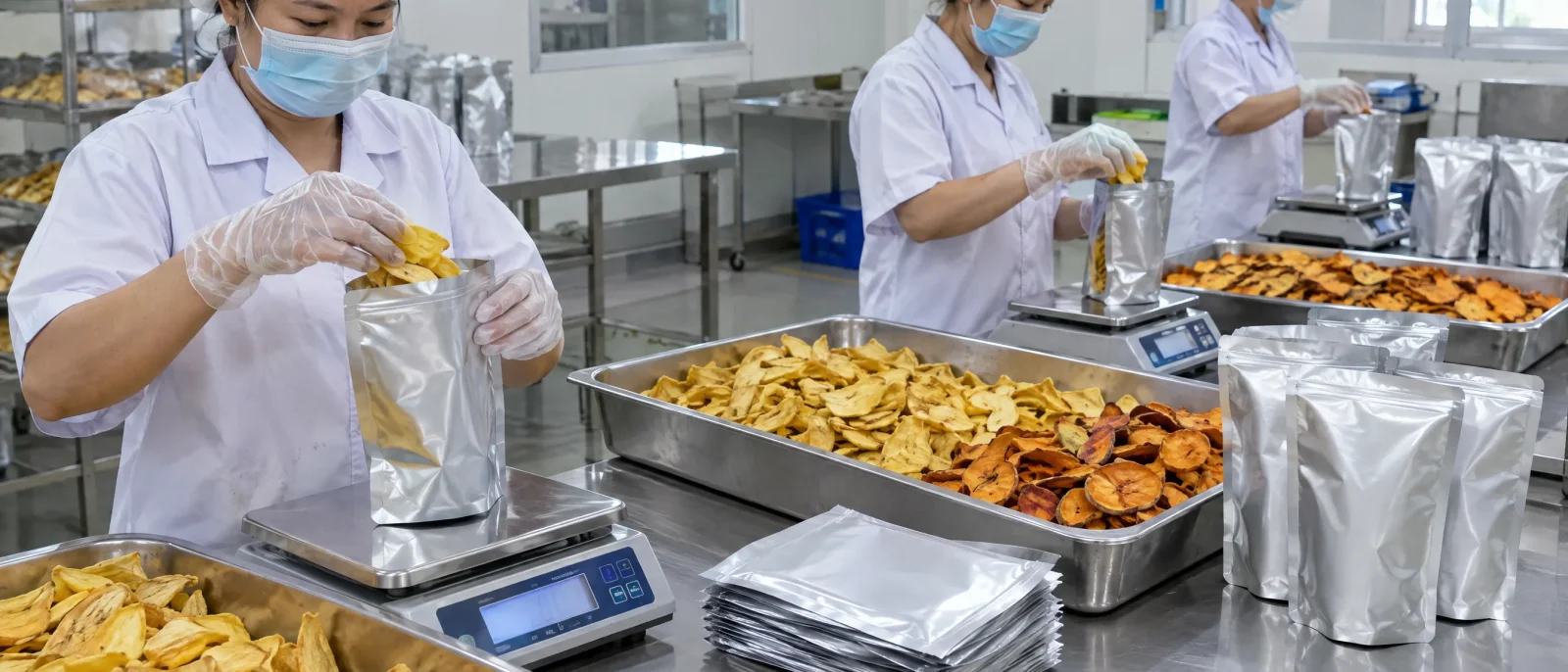 Weighing and bagging vacuum-fried fruit chips