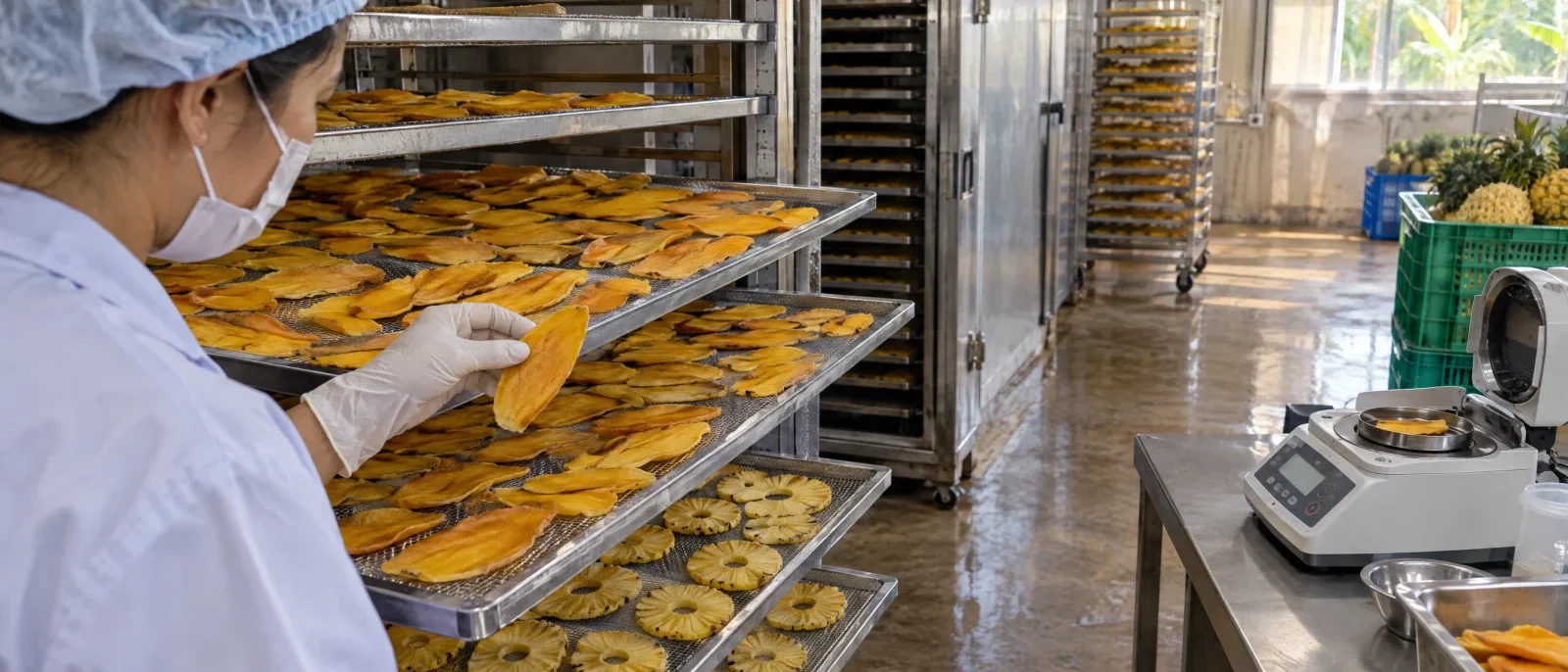 Soft-dried mango and pineapple rings on drying racks being checked