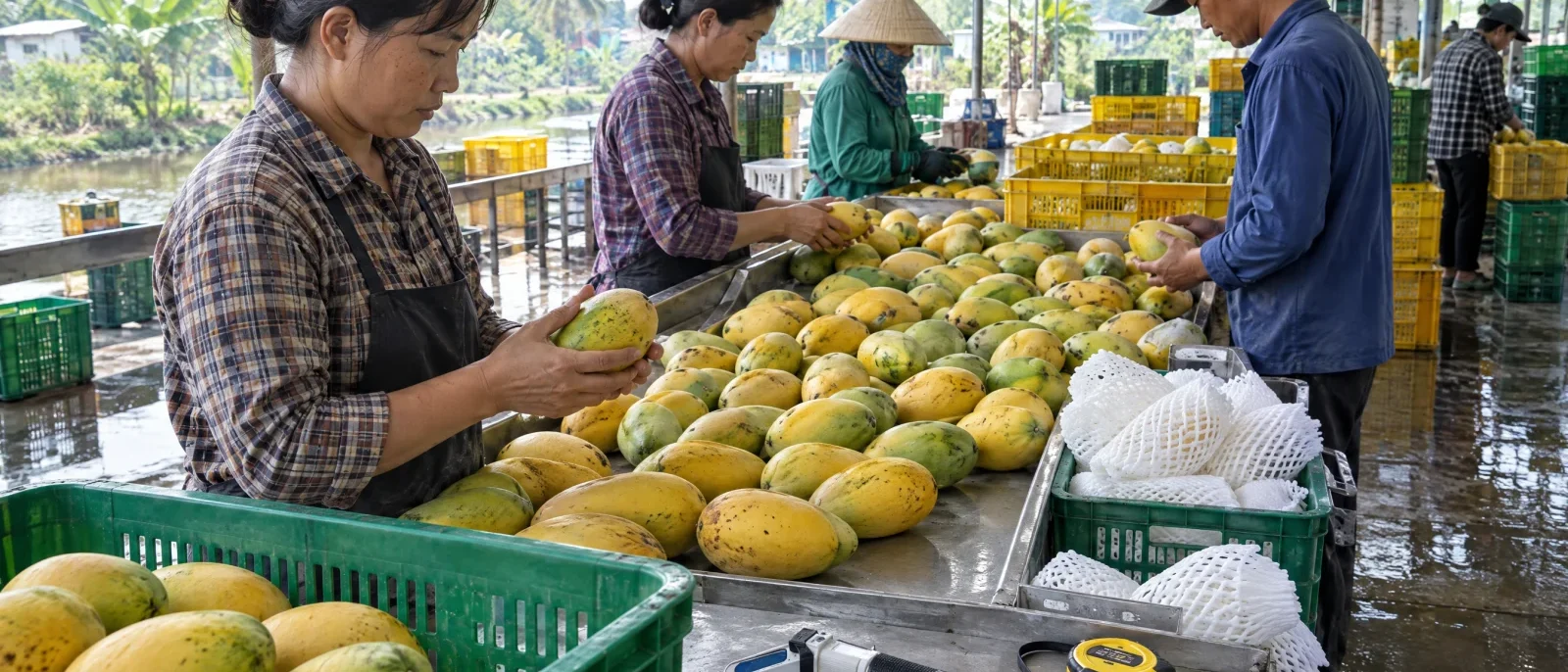 Workers grading ripe mangoes in a Mekong Delta packhouse