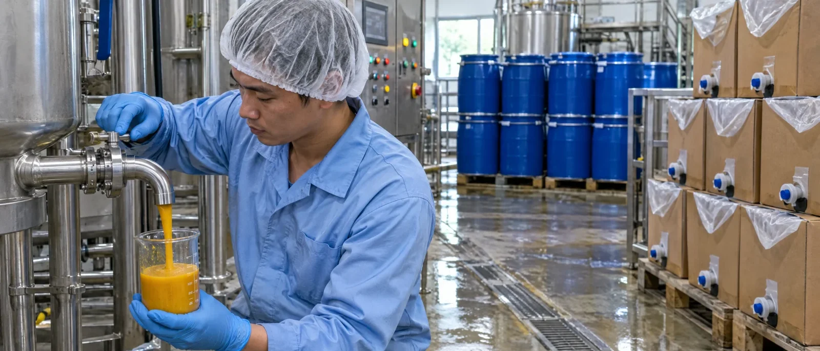 Operator sampling mango purée in a fruit purée plant with aseptic drums behind