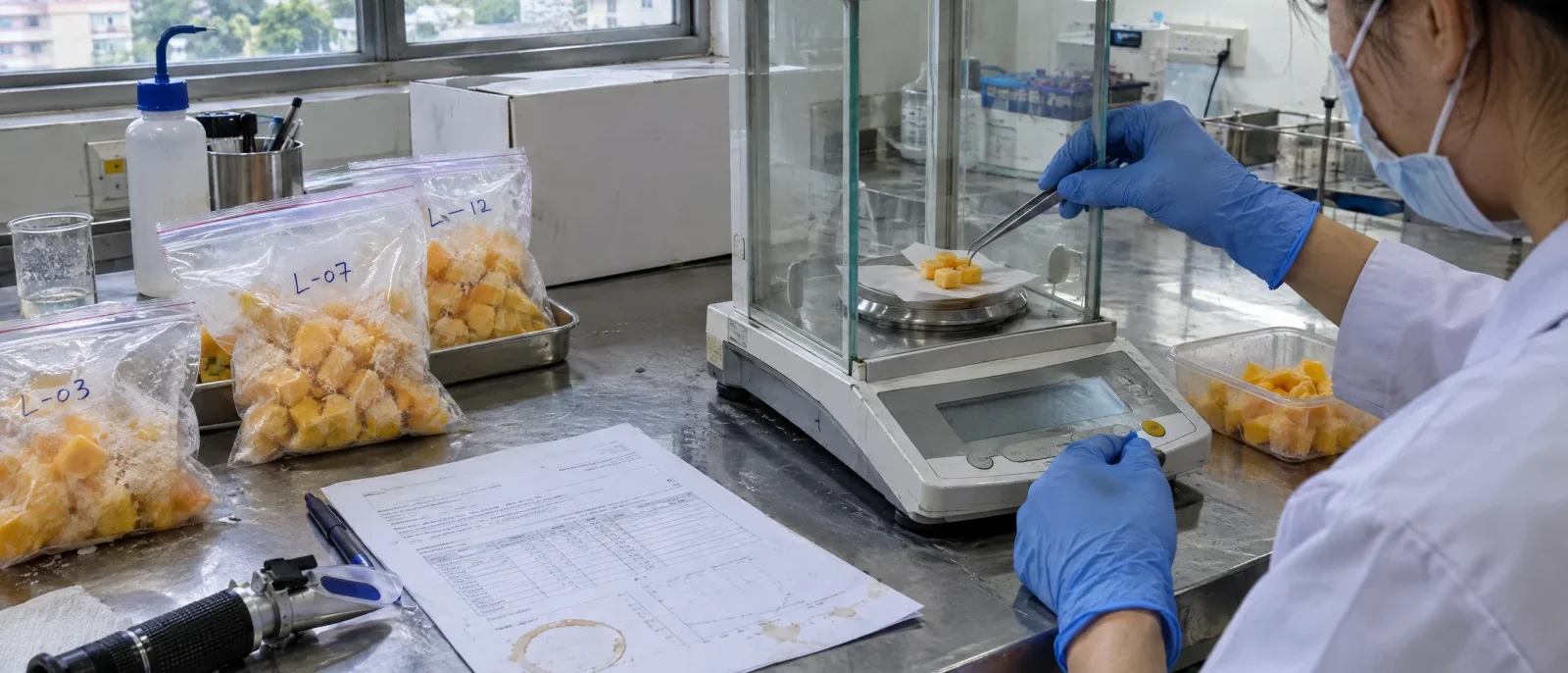 Lab technician weighing a frozen mango sample beside lot-labelled sample bags and a test report