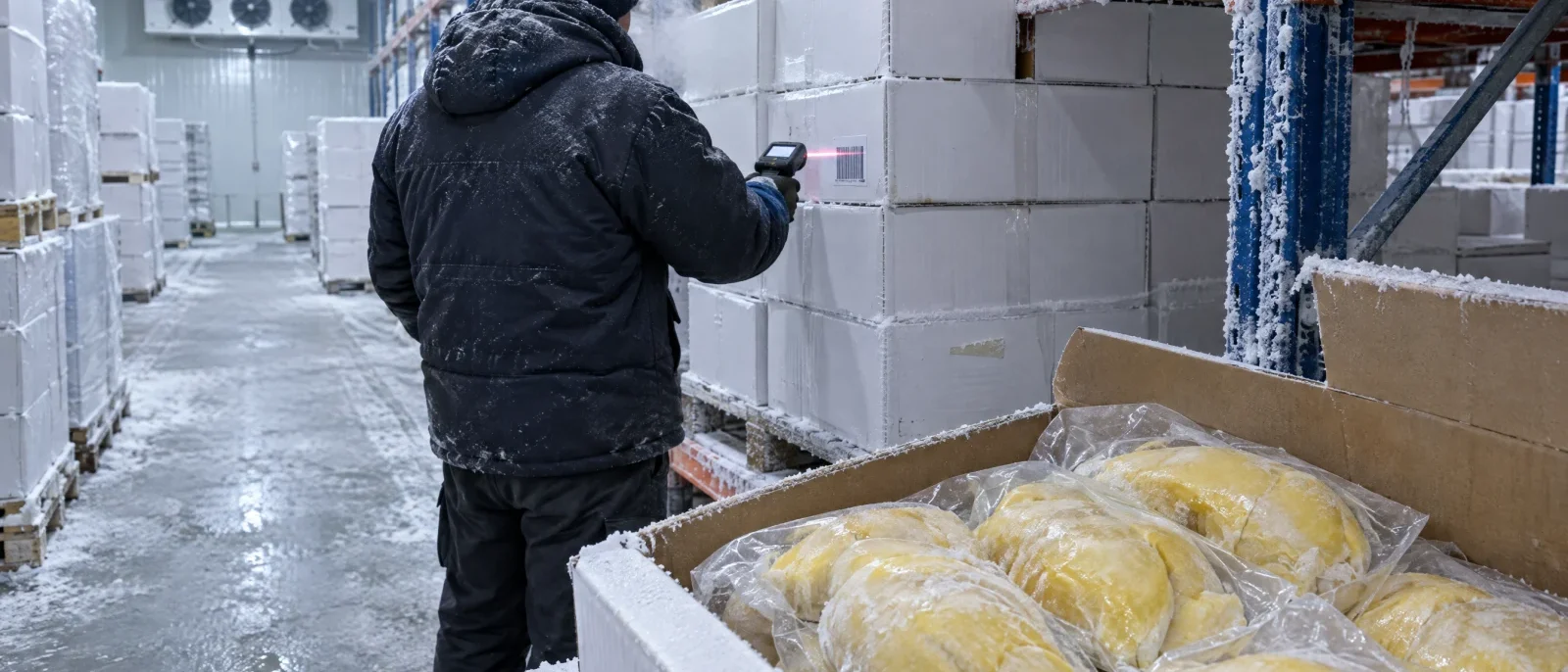 Worker scanning cartons in a -18 °C cold store, an open carton of frozen durian pulp in front