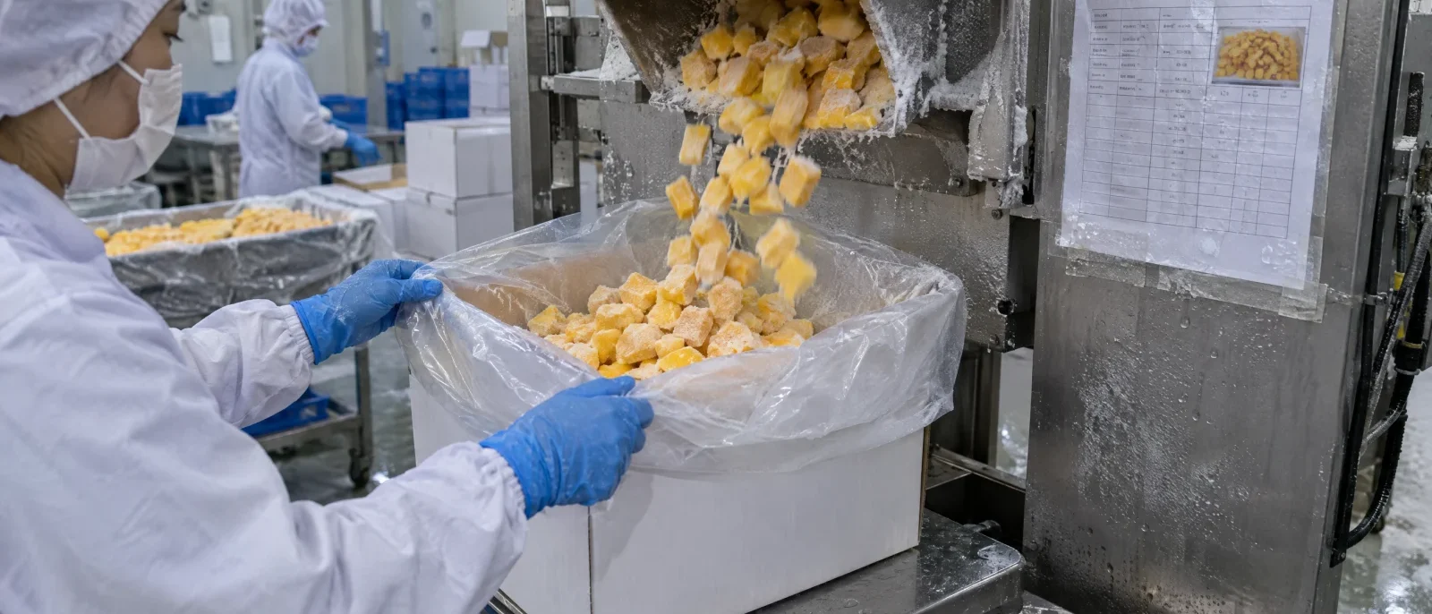 IQF mango dice filling a lined export carton on the packing scale