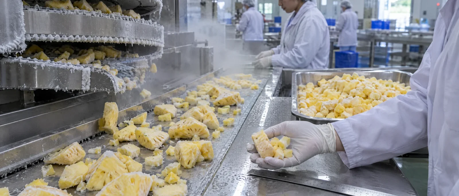 QC check of IQF pineapple chunks and tidbits against a ruler on the freezer outfeed belt