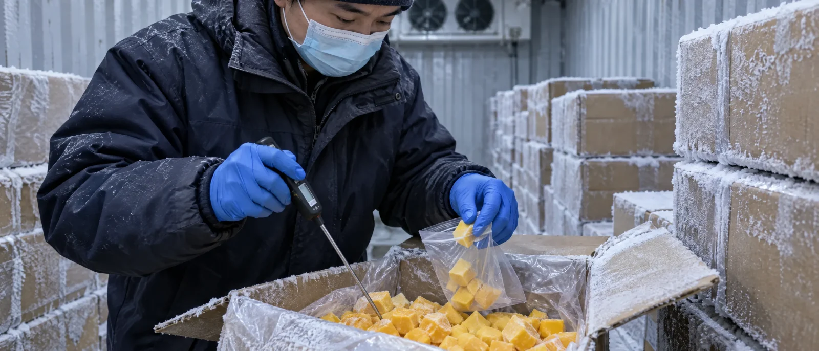 Inspector sampling frozen mango cubes inside a cold store