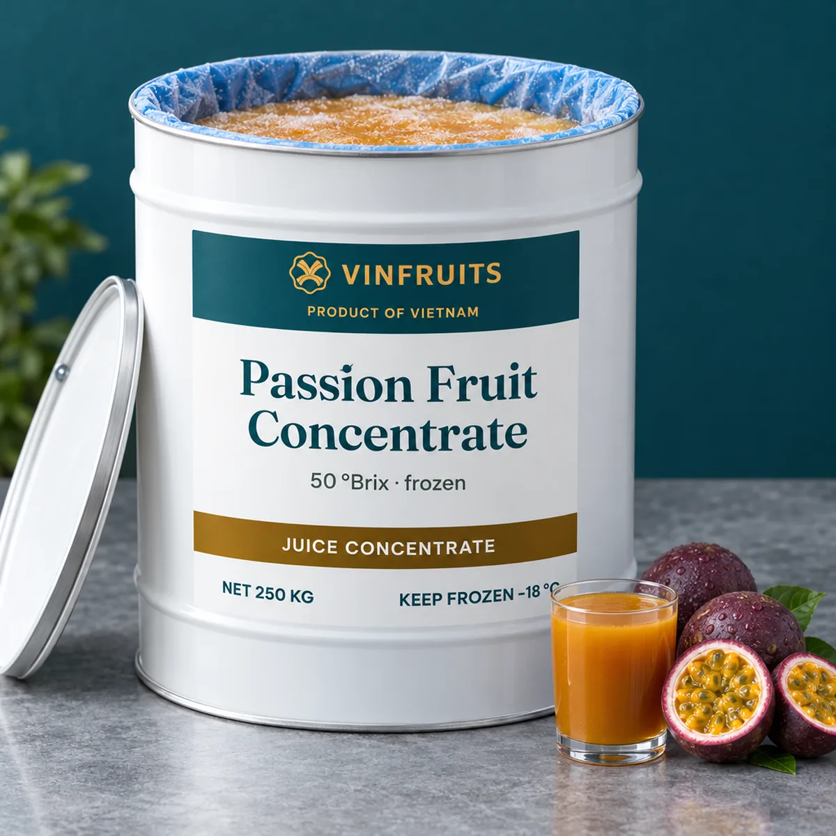Passion Fruit Juice Concentrate, frozen, in a VinFruits drum