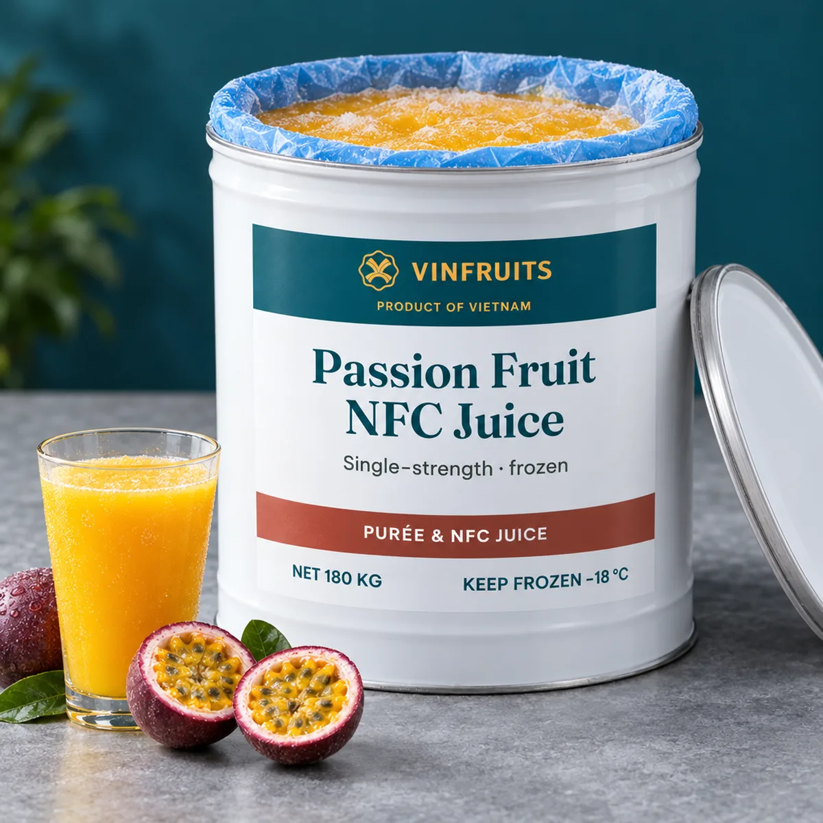 Passion Fruit NFC Juice & Purée, frozen, in a VinFruits drum