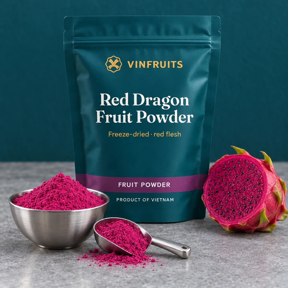 Red Dragon Fruit Powder in a sealed VinFruits foil pouch